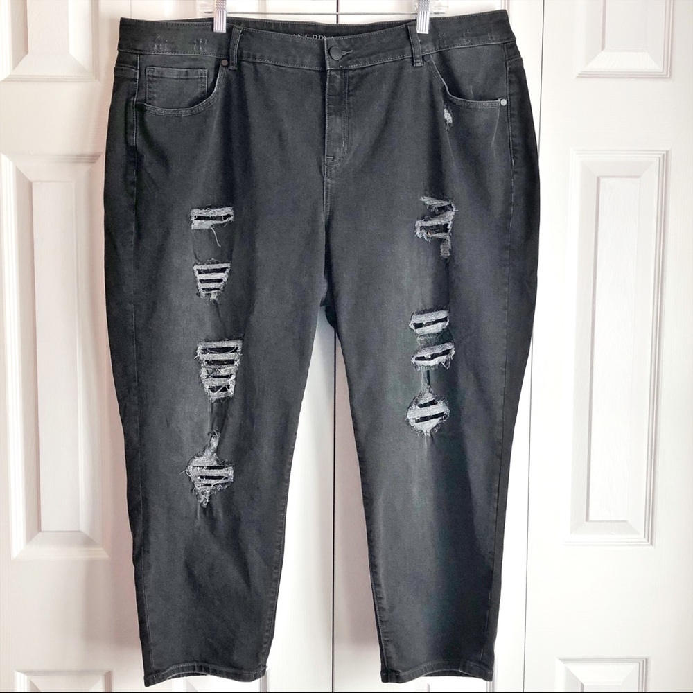 Lane Bryant Black Denim Distressed Sequin Girlfriend Ankle Jeans 24